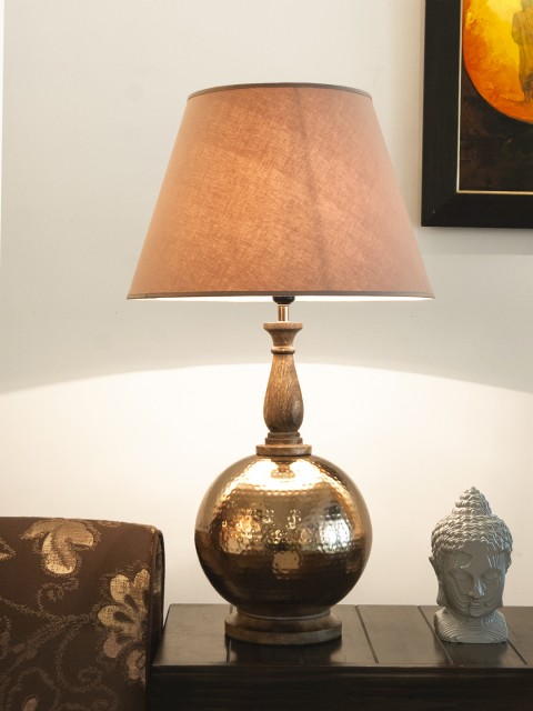 

THE LIGHT STORE Gold-Toned & Beige Self Design Bedside Table Lamp with Shade