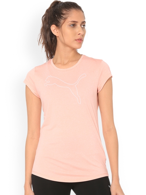

Puma Women Peach-Coloured Printed Round Neck Active Logo Heather T-shirt