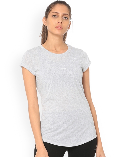 

Puma Women Grey Solid Round Neck Active Logo Heather T-shirt