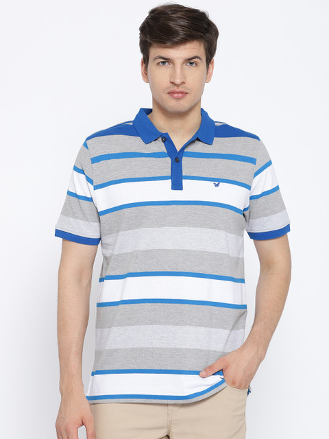 

Blackberrys Men Grey Melange & White Striped Polo Collar T-shirt
