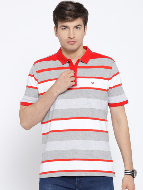 

Blackberrys Men Grey & White Striped Polo Collar T-shirt
