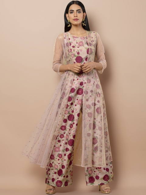

INDYA Pink Self Design Open Front Shrug