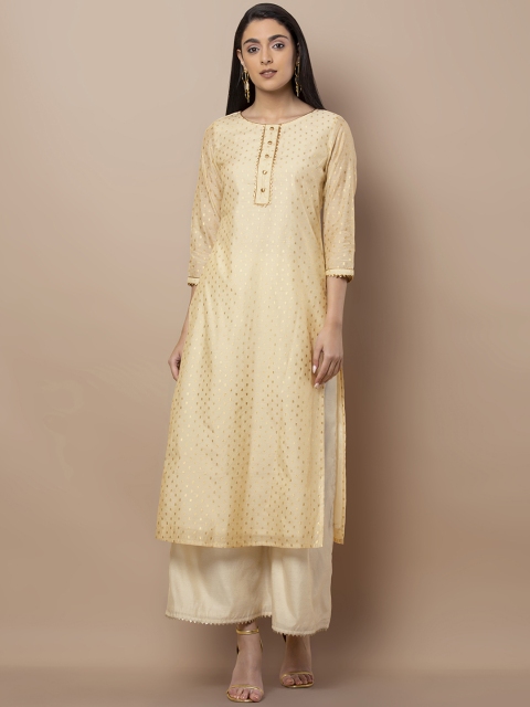 

INDYA Women Cream-Coloured & Gold-Toned Printed Straight Kurta
