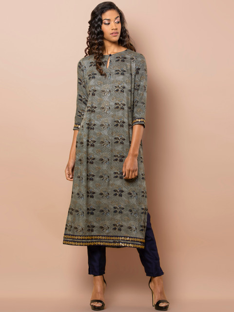 

INDYA Women Grey Printed Straight Kurta