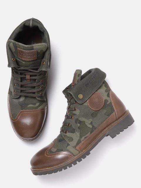 

Royal Enfield Men Olive Green & Brown Camouflage Print Mid-Top Flat Boots