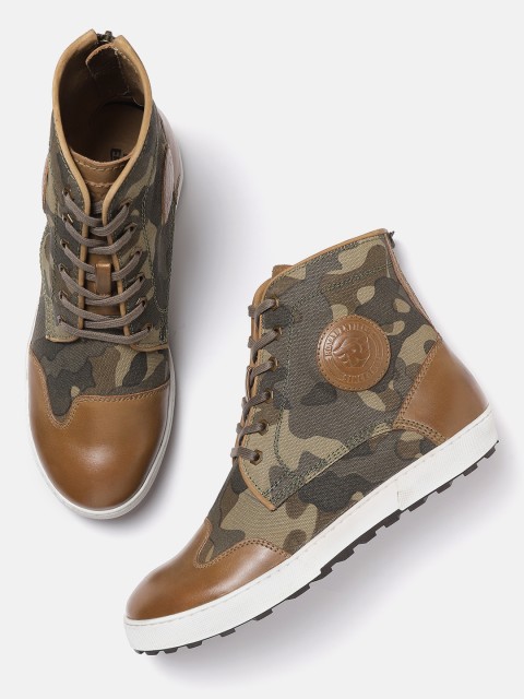 

Royal Enfield Men Olive Green & Brown Camouflage Print Mid-Top Sneakers
