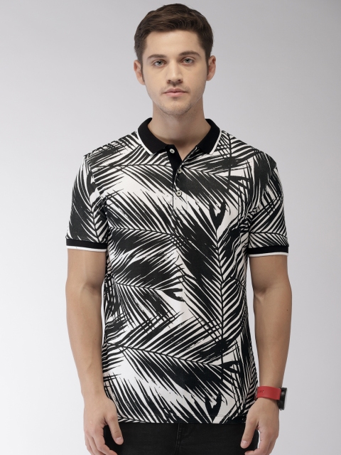 

GAS Men Black & White Printed Polo Collar T-shirt