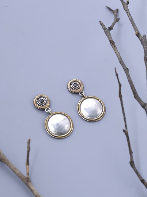 

Voylla Silver-Plated & White Circular Oxidised Drop Earrings