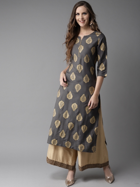 

HERE&NOW Women Grey & Golden Printed Straight Kurta