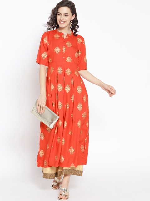 

HERE&NOW Women Coral Orange & Golden Printed Anarkali Kurta