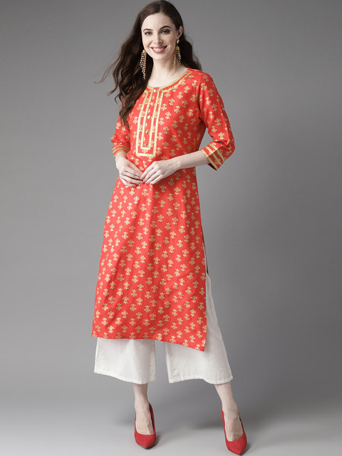 

HERE&NOW Women Coral Red & Golden Printed Straight Kurta