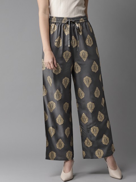 

HERE&NOW Women Charcoal Grey & Golden Printed Wide Leg Palazzos