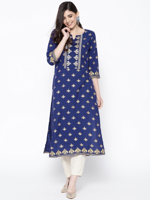 

HERE&NOW Women Blue & Golden Printed Straight Kurta