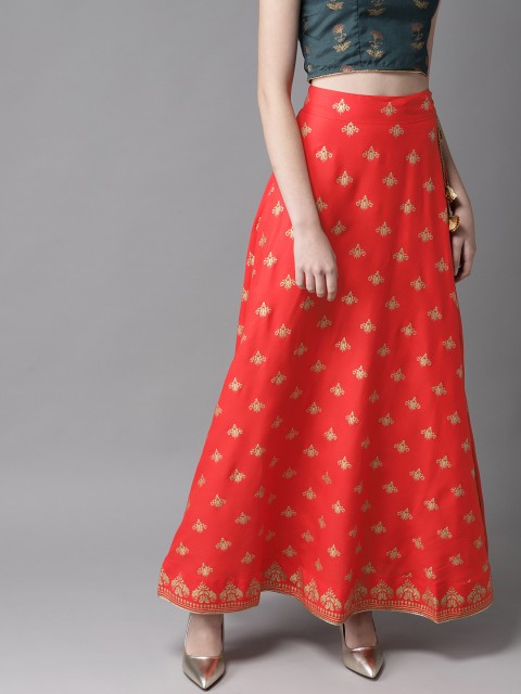 

HERE&NOW Women Coral Red & Golden Printed A-Line Maxi Skirt