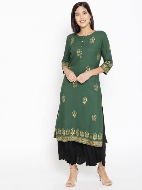 

HERE&NOW Women Green & Golden Printed Straight Kurta
