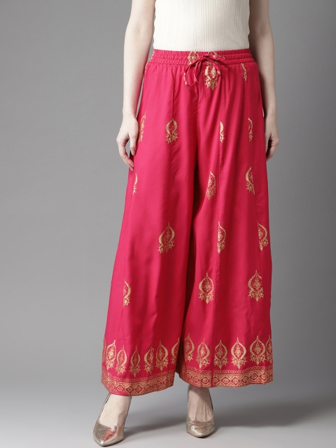 

HERE&NOW Women Fuchsia Pink & Golden Printed Flared Palazzos