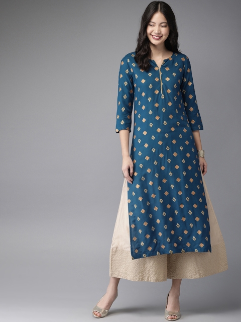 

HERE&NOW Women Teal Blue & Gold-Toned Printed Straight Kurta