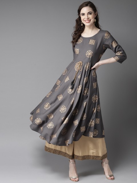 

HERE&NOW Women Charcoal Grey & Golden Printed Anarkali Kurta