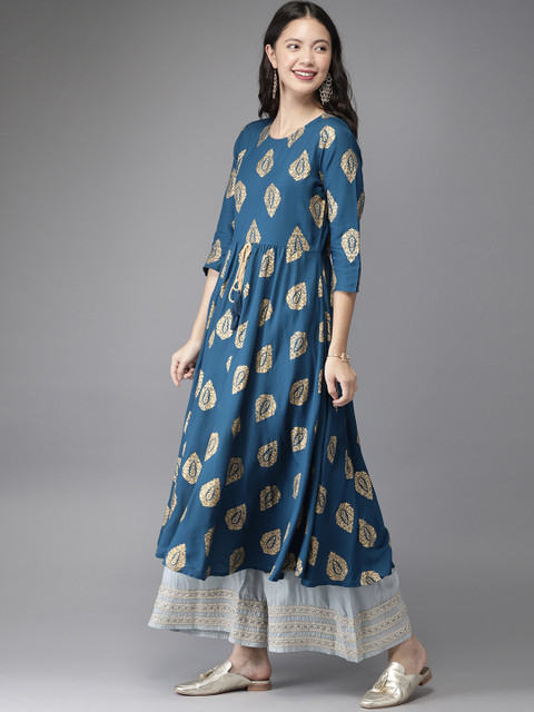 

HERE&NOW Women Teal Blue & Gold-Coloured Printed A-Line Kurta
