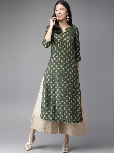 

HERE&NOW Women Green & Gold-Coloured Printed Straight Kurta