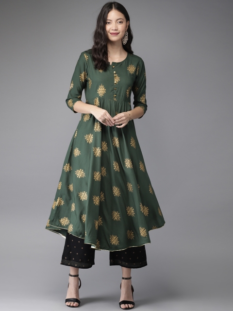 

HERE&NOW Women Green & Gold-Coloured Printed Anarkali Kurta