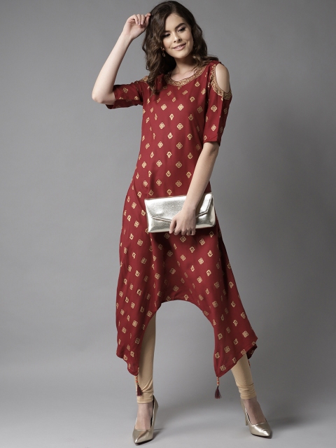 

HERE&NOW Women Maroon & Golden Cold-Shoulder Printed A-Line Asymmetric Kurta