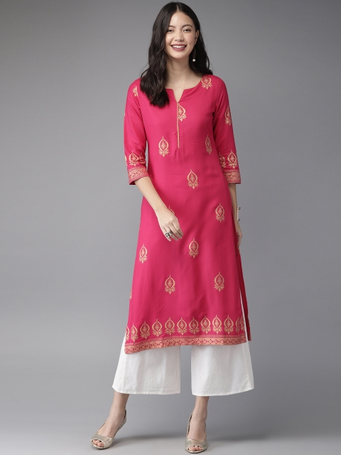 

HERE&NOW Women Pink & Gold-Coloured Printed Straight Kurta