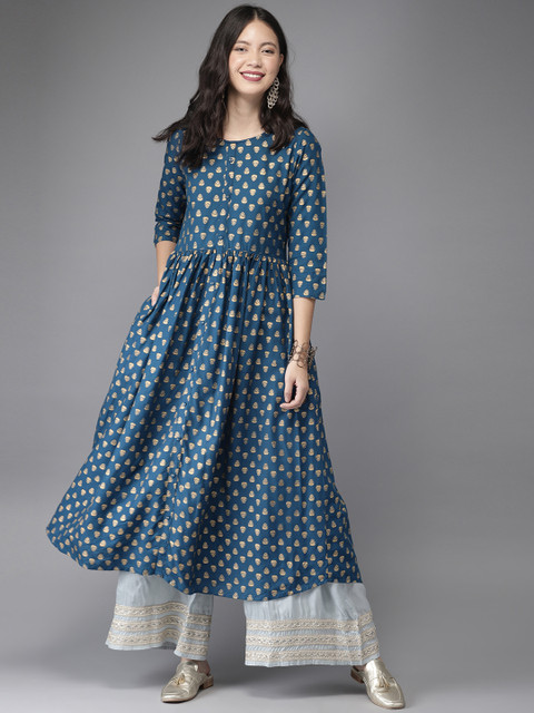 

HERE&NOW Women Teal Blue & Gold-Coloured Printed A-Line Kurta