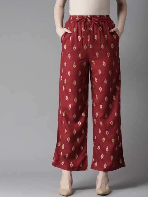 

HERE&NOW Women Maroon & Golden Printed Straight Palazzos