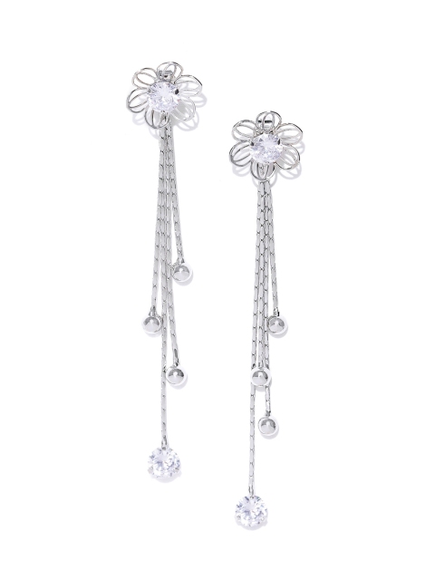 

Carlton London Silver-Toned Rhodium-Plated CZ Studded Floral Drop Earrings