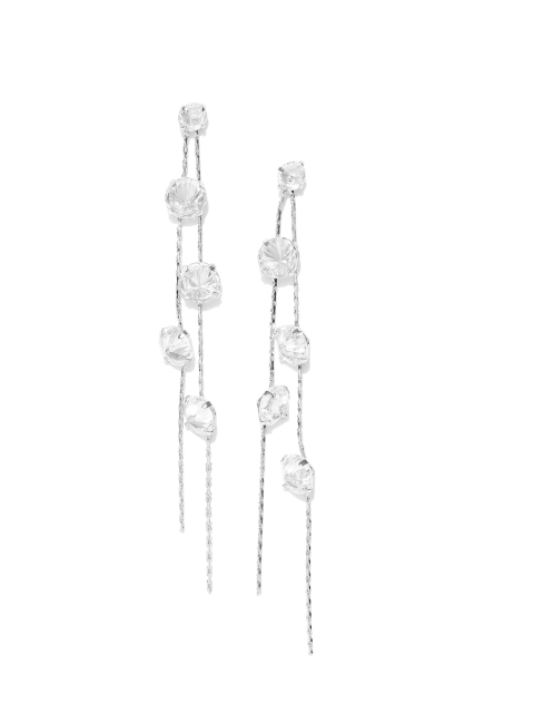 

Carlton London Silver-Toned Rhodium-Plated CZ Studded Contemporary Drop Earrings