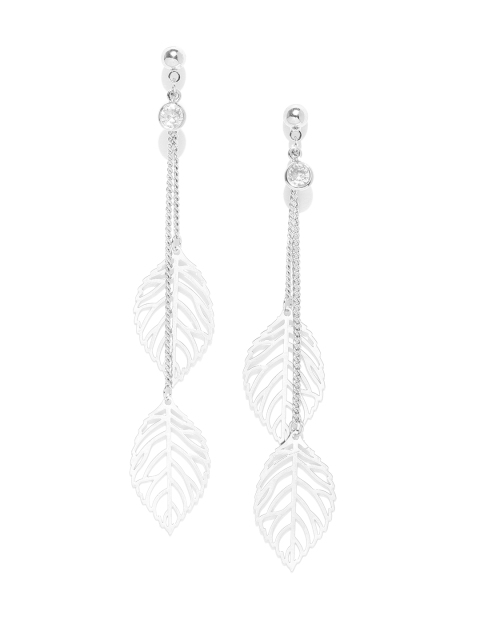 

Carlton London Silver-Toned Rhodium-Plated CZ Studded Leaf Shaped Drop Earrings