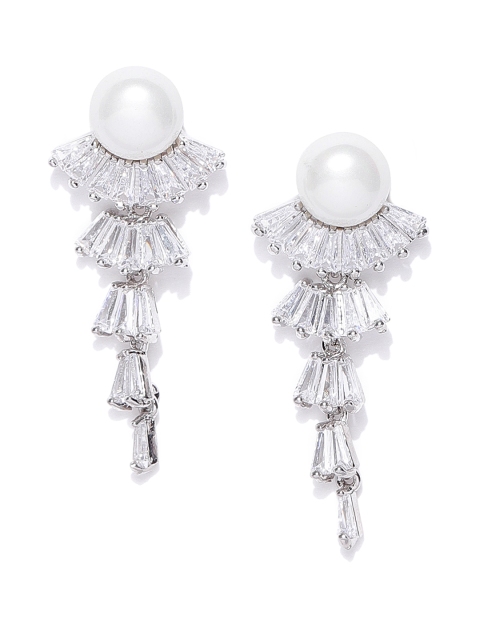 

Carlton London Silver-Toned Rhodium-Plated Stone Studded Contemporary Drop Earrings