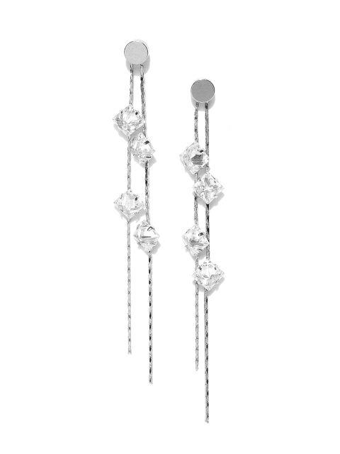 

Carlton London Silver-Toned Rhodium-Plated CZ Studded Tasselled Drop Earrings