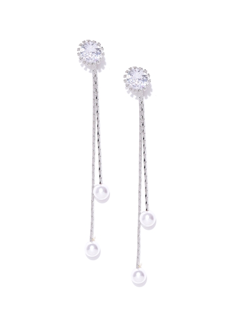 

Carlton London Silver-Toned Rhodium-Plated CZ Studded Tasselled Drop Earrings