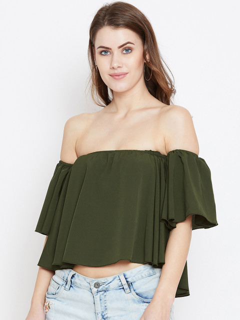 

Berrylush Women Olive Green Solid Bardot Top