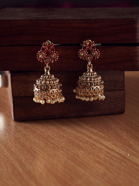 

PANASH Gold-Plated & Red Dome Shaped Jhumkas