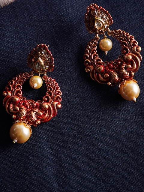 

PANASH Gold-Toned & Red Peacock Shaped Drop Earrings