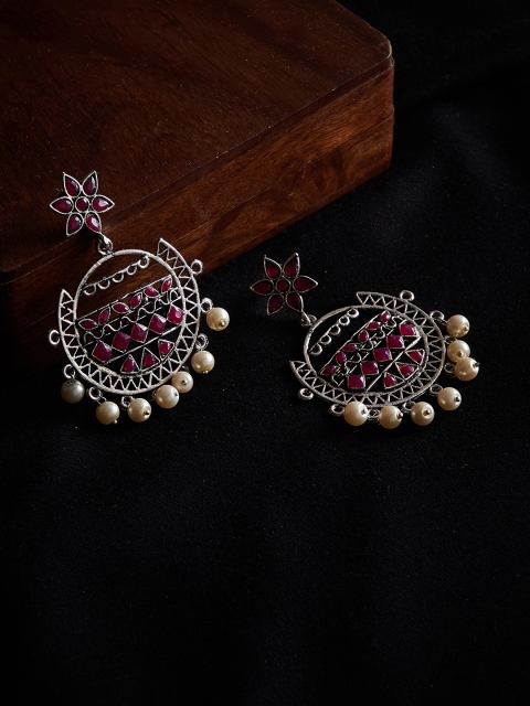 

PANASH Silver-Plated & Pink Circular Oxidised Drop Earrings