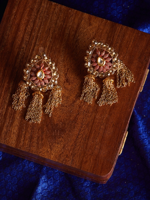 

PANASH Gold-Toned & Red Leaf Shaped Drop Earrings