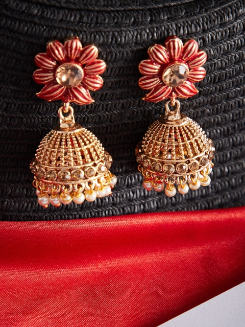 

PANASH Gold-Toned & Red Floral Jhumkas