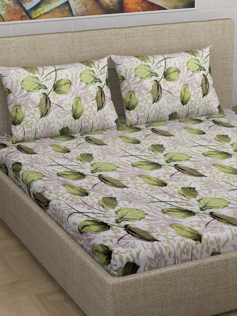 

Divine Casa White & Green Floral 180 TC Cotton 1 Queen Bedsheet with 2 Pillow Covers