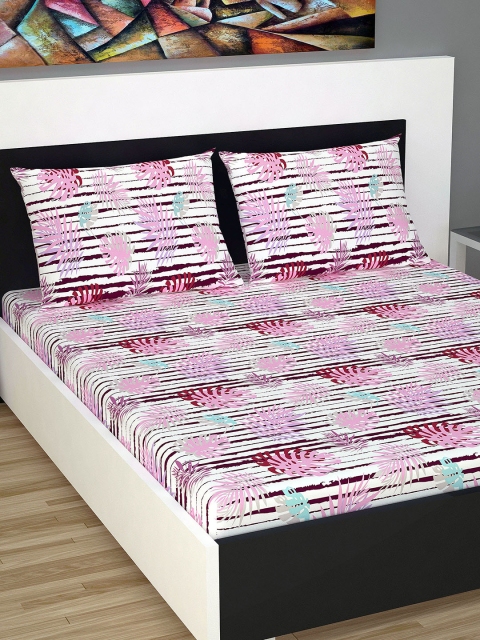 

Divine Casa White & Pink Floral 144 TC Cotton 1 Queen Bedsheet with 2 Pillow Covers