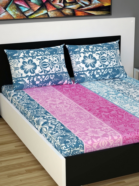 

Divine Casa Pink & Blue Ethnic Motifs 144 TC Cotton 1 Queen Bedsheet with 2 Pillow Covers
