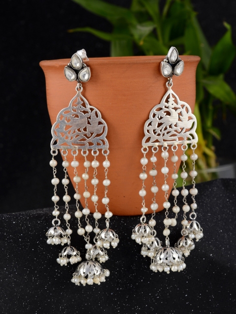 

Silvermerc Designs Women Silver-Toned & White Classic Jhumkas