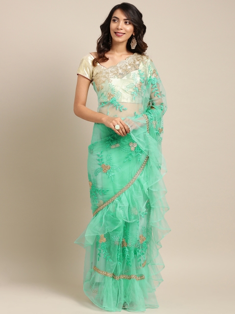 

Tikhi Imli Turquoise Blue Embroidered One Minute Net Saree