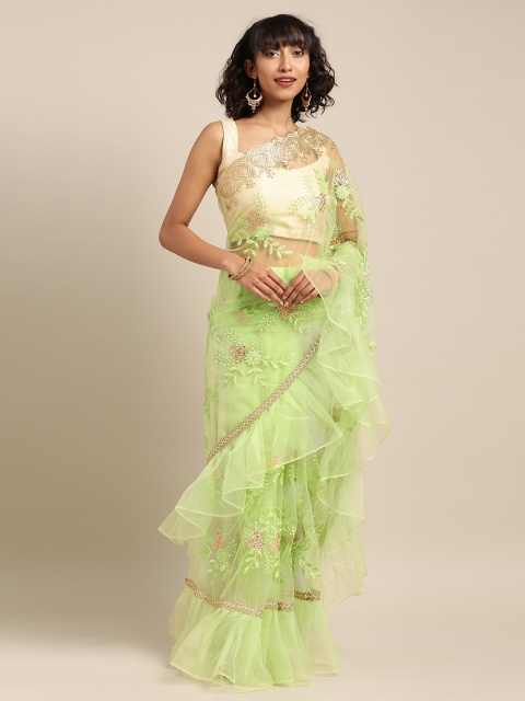 

Tikhi Imli Green & Gold-Colured Net Embroidered Ruffle Saree