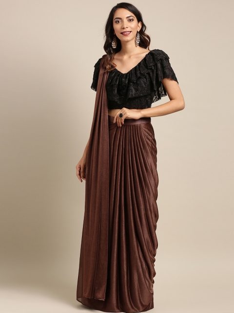 

Tikhi Imli Coffee Brown & Black Poly Crepe One Minute Solid Saree