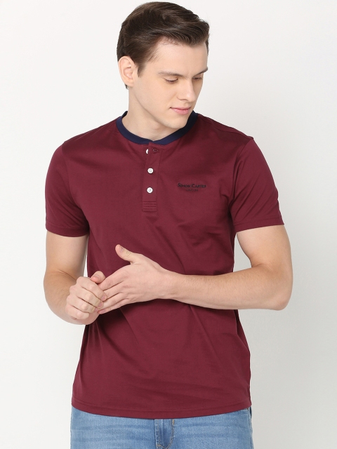 

SIMON CARTER LONDON Men Maroon Solid Henley Neck Pure Cotton T-shirt