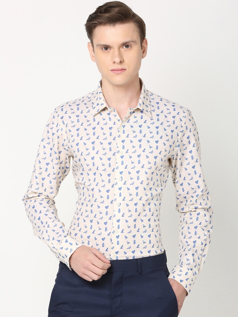 

SIMON CARTER LONDON Men Cream-Coloured & Blue Slim Fit Printed Casual Shirt